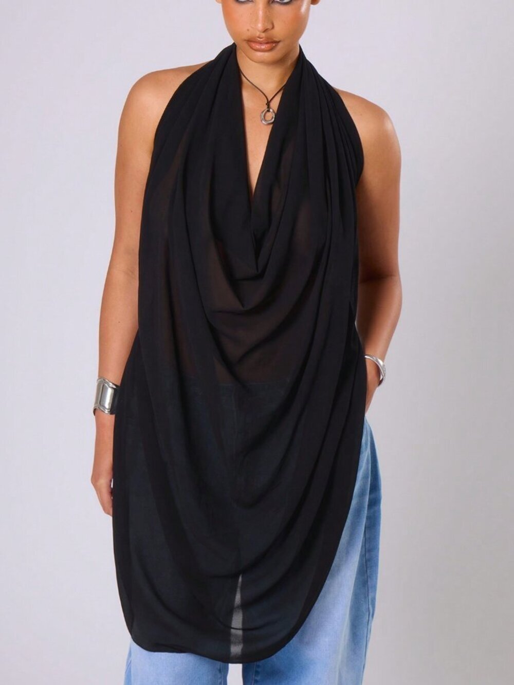 Black Elegant Women's Plus Size Chiffon Cowl Neck Backless Top